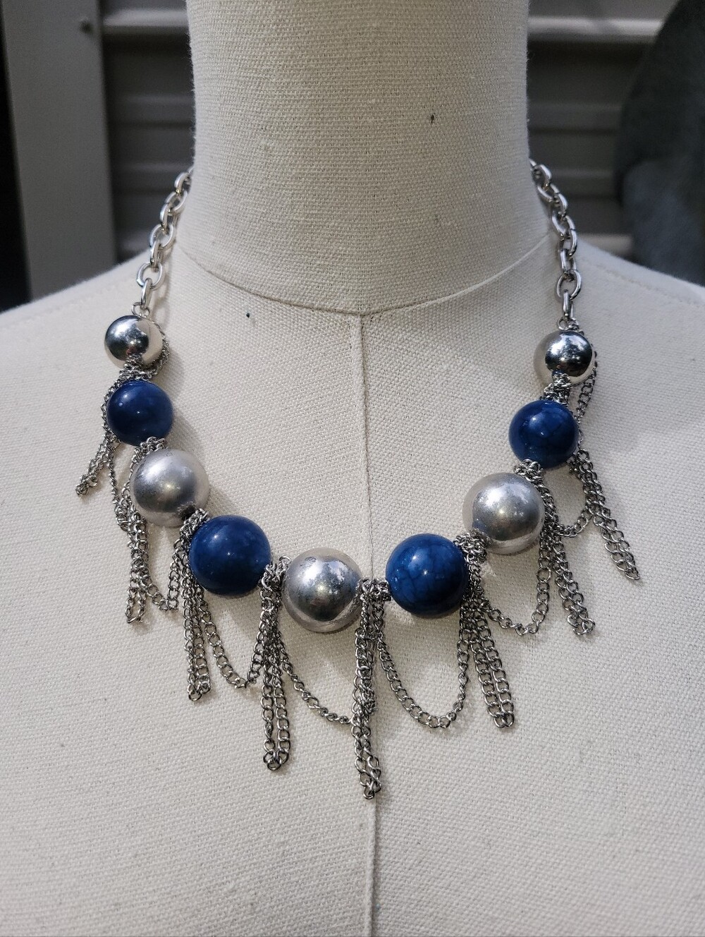 Statement Silver and Blue Bead Fringe Necklace